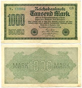 ГЕРМАНИЯ 1000 МАРОК 1922 15 СЕНТЯБРЯ 1922, ВОДЯНОЙ ЗНАК G, БЕЛАЯ БУМАГА Pick 76e бумага 7548-41-2