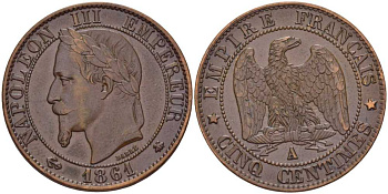 ФРАНЦИЯ 5 САНТИМОВ 1861 A, НАПОЛЕОН III (1852-1870) KM 797.1, LE FRANC 117.2 бронза 117-855