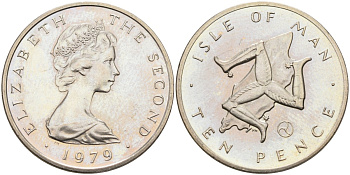 Остров Мэн 10 пенсов 1979 АА, герб, Елизавета II (1952) KM 36.1 медно-никель BUNC 4583-231