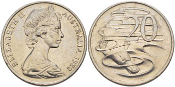 АВСТРАЛИЯ 20 ЦЕНТОВ 1982 ЕЛИЗАВЕТА II, МОЛОДОЙ ПОРТРЕТ, УТКОНОС KM 66 медно-никель 38-724