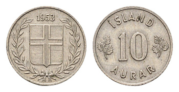 Исландия 10 эйре 1953 KM 10 медно-никель aUNC 4690-657