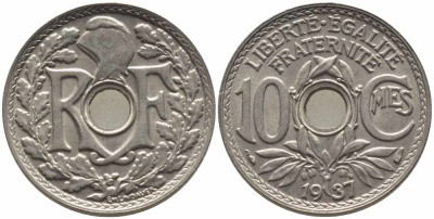 ФРАНЦИЯ 10 САНТИМОВ 1937 ТИП ЛИНДАЙЁ KM 866а, LE FRANC 138.24 медно-никель 108-233