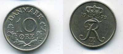 ДАНИЯ 10 ЭРЕ 1972 S; S, ФРЕДЕРИК IX (1947-1972) KM 849.2 медно-никель UNC 54-1137