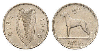 Ирландия 6 пенсов 1966 собака, ирландский волкодав KM 13a медно-никель UNC 4690-341