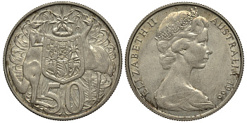 Австралия 50 центов 1966 Елизавета II (1952-2022), герб Австралии, кенгуру KM 67 серебро UNC 272-112