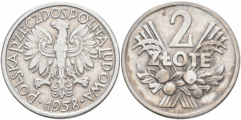 Польша 2 злотых 1958 MW KM 46, Parchimowicz 216a алюминий 69-322
