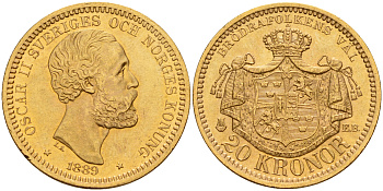 Швеция 20 крон 1889 EB, Оскар II (1872-1907) король Швеции и Норвегии KM 748 золото 00-000-00