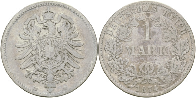 Германия 1 марка 1874 D Weege 17, J. 9, KM 7 серебро 98-1235