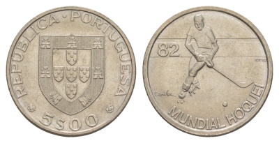Португалия 5 эскудо 1982 Чемпионат мира по хоккею на роликах KM 615 медно-никель aUNC 4566-241