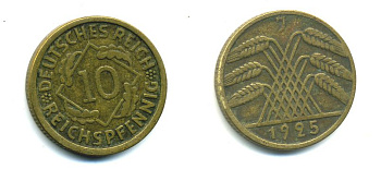 ГЕРМАНИЯ 10 РЕЙХСПФЕННИГОВ 1925 J KM 40, J.317 алюминиевая бронза 46-1427