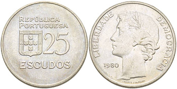 Португалия 25 эскудо 1980 первый год KM 607а медно-никель 4542-921