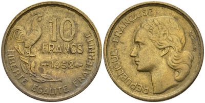 Франция 10 франков 1952 Петух KM 915.1, Le Franc 363.2 алюминиевая бронза 4142-1246
