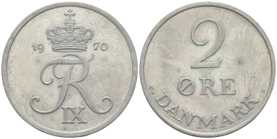 ДАНИЯ 2 ЭРЕ 1970 C; S, ФРЕДЕРИК IX (1947-1972) KM 840.2 цинк UNC 106-211