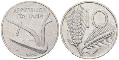 Италия 10 лир 1989 R, колосья, плуг KM 93 алюминий aUNC 4616-831