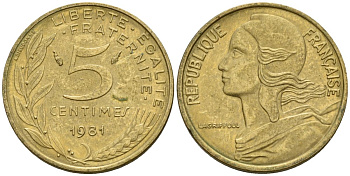 Франция 5 сантимов 1981 KM 933 алюминиевая бронза 4152-433
