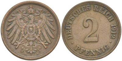 Германия 2 пфеннига 1912 A KM 16, J. 11, Weege 4 медь 212-356