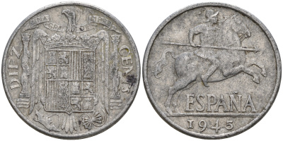 Испания 10 сентимо 1945 всадник KM 766 алюминий    4153-151