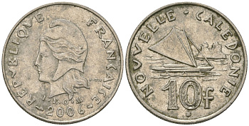 Французская Новая Каледония 10 франков 2006 рыбачья парусная лодка, (IEOM) KM 11a, Schoen 13a, Lec 99k медно-никель 54-2355