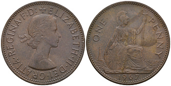 Великобритания 1 пенни 1967 Елизавета II (1952-2022) KM 897, Spink 4157 бронза 4607-1135