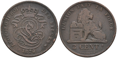БЕЛЬГИЯ 2 САНТИМА 1870 BELGES KM 35.1 медь 4589-736