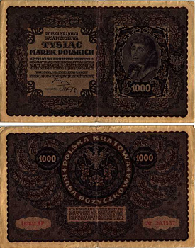 ПОЛЬША 1000 МАРОК 1919 23 АВГУСТА 1919, ТРЕТИЙ ВЫПУСК, ПОРТРЕТ КОСТЮШКО Pick 29 бумага VF 8607-17-1