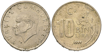 Турция 10000 лир 1997 KM 1027.1 медь цинк никель 4582-457