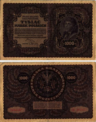 ПОЛЬША 1000 МАРОК 1919 23 АВГУСТА 1919, ТРЕТИЙ ВЫПУСК, ПОРТРЕТ КОСТЮШКО Pick 29 бумага VF 8607-17-1