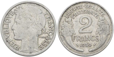 ФРАНЦИЯ 2 ФРАНКА 1950 ТИП MORLON KM 886а.1, LE FRANC 269.16 алюминий 180-1144