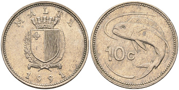 Мальта 10 центов 1991 золотая макрель KM 96 медно-никель 4588-233