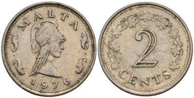 Мальта 2 цента 1976 Пентесилея, царица амазонок KM 9 медь цинк 4154-667