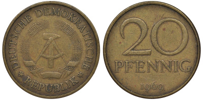 ГДР 20 пфеннигов 1969 А, первый год KM 11 латунь 62-1034