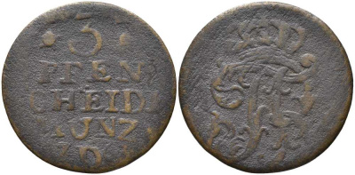 ПРУССИЯ 3 ПФЕННИГА 1763 D, ФРИДРИХ II (1740-1786) KM 291 медь 4398-152