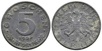 АВСТРИЯ 5 ГРОШЕЙ 1957 KM 2875 цинк 57-1311