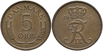 ДАНИЯ 5 ЭРЕ 1968 C; S, ФРЕДЕРИК IX (1947-1972) KM 848.1 бронза 175-712