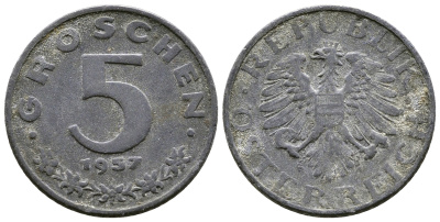 АВСТРИЯ 5 ГРОШЕЙ 1957 KM 2875 цинк 57-1311