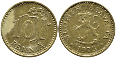 ФИНЛЯНДИЯ 10 ПЕННИ 1973 S KM 46 алюминиевая бронза 46-369