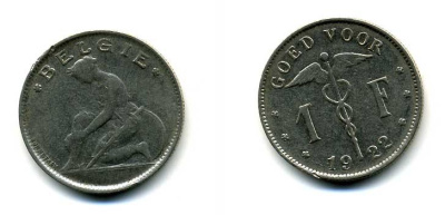 БЕЛЬГИЯ 1 ФРАНК 1922 BELGIE KM 90 никель 58-1223