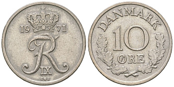 Дания 10 эре 1971 C; S, Фредерик IX (1947-1972) KM 849 медно-никель 211-265