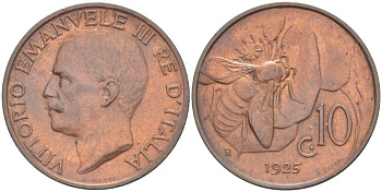 ИТАЛИЯ 10 ЧЕНТЕЗИМО 1925 R, МОНДВОР РИМ, ВИКТОР ЭММАНУИЛ III (1900-1946) KM 60 медь 4525-254
