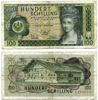 Австрия 100 шиллингов 1969 Анжелика Кауфманн, "Монфор" герб Форарльберга Pick 145a бумага 6280-41-1-1