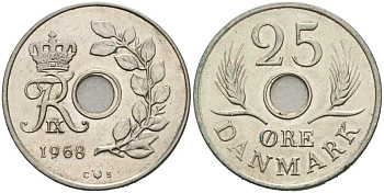 Дания 25 эре 1968 С;S, Фредерик IX (1947-1972) KM 855.1 медно-никель 4571-341