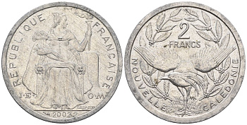 Французская Новая Каледония 2 франка 2002 птица кагу, (IEOM) KM 14, Schoen 11, Lec 68g алюминий    28-655