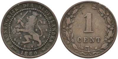 Нидерланды 1 цент 1880 Виллем III (1849-1890) KM 107 бронза 4576-554
