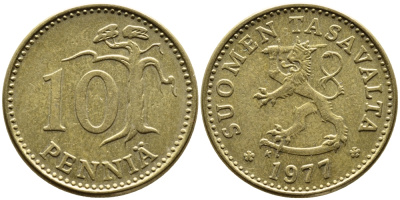 ФИНЛЯНДИЯ 10 ПЕННИ 1977 K KM 46 алюминиевая бронза 76-321
