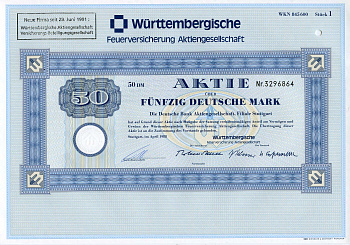 ФРГ 50 марок 1988 Акционерное общество по страхованию от пожаров Вюртемберга, акция   бумага   8803-104-1