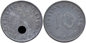 ГЕРМАНИЯ 10 РЕЙХСПФЕННИГОВ 1941 D KM 101, J. 371 цинк 4401-732