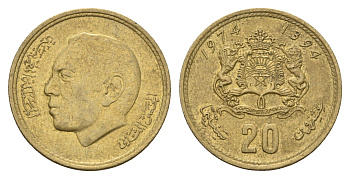 Марокко 20 сантимов 1974 AH 1394, Аль Хассан II (1962-1999) Y 61 медь алюминий никель 4675-131