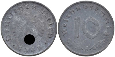ГЕРМАНИЯ 10 РЕЙХСПФЕННИГОВ 1941 D KM 101, J. 371 цинк 4401-732