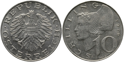 АВСТРИЯ 10 ШИЛЛИНГОВ 1976 KM 2918 никель плакированный медно-никелем 33-654