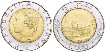 ИТАЛИЯ 500 ЛИР 1986 R, КРИВИНАЛЬСКИЙ ДВОРЕЦ В РИМЕ KM 111 биметалл 4551-543